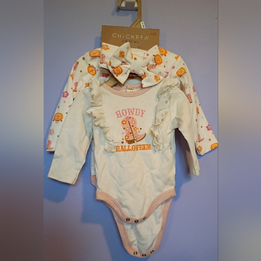 Chick Pea Country Western Baby Girl Bodysuit Set - White and Orange 3-6 Months